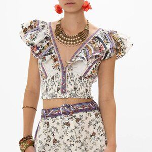 Deep V Frill Short Sleeve Top Cropped Shirt in "My Folk Art Heart" print
